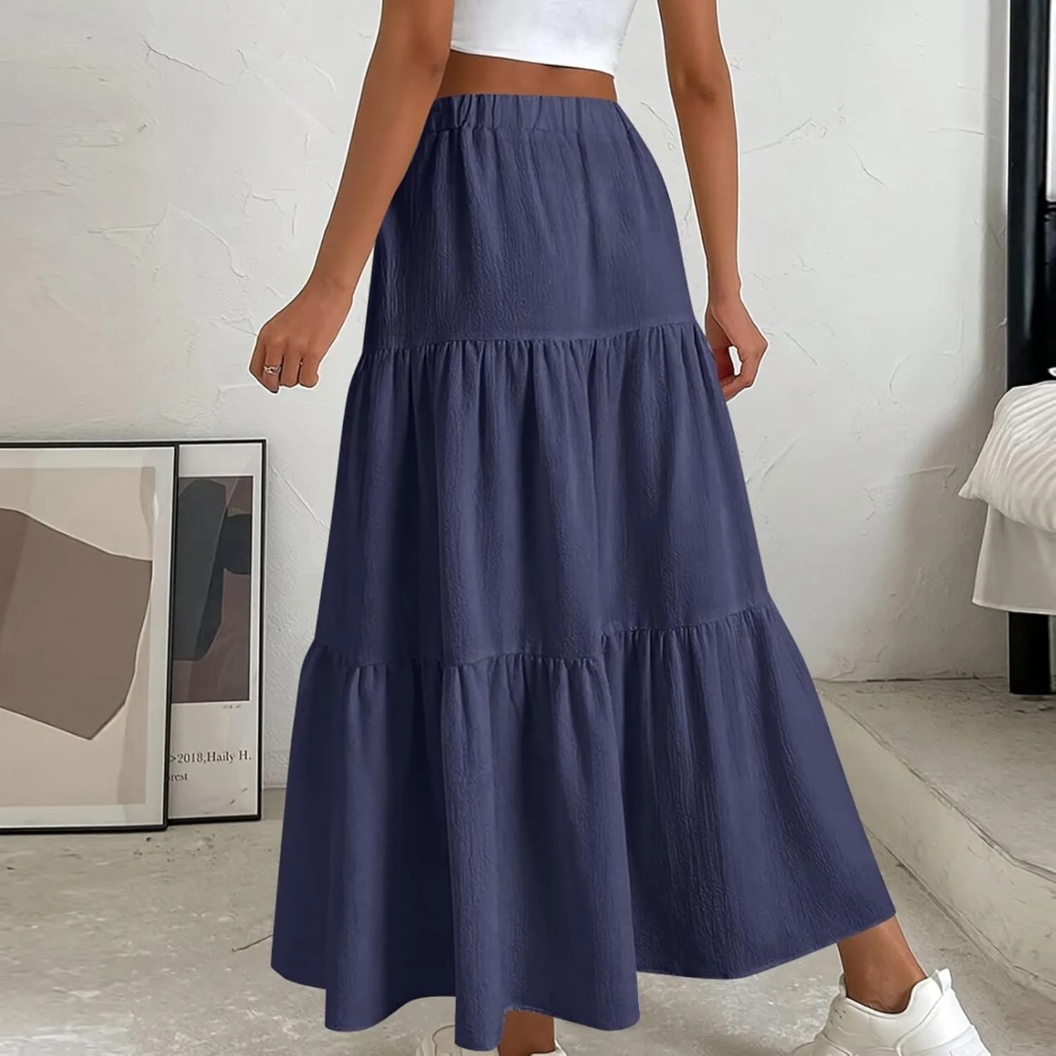HGps8w Women's Boho Linen Flowy Maxi Skirt, Trendy Casual 2025 Summer Tiered A Line Elastic Waist Pleated Long Beach Skirts