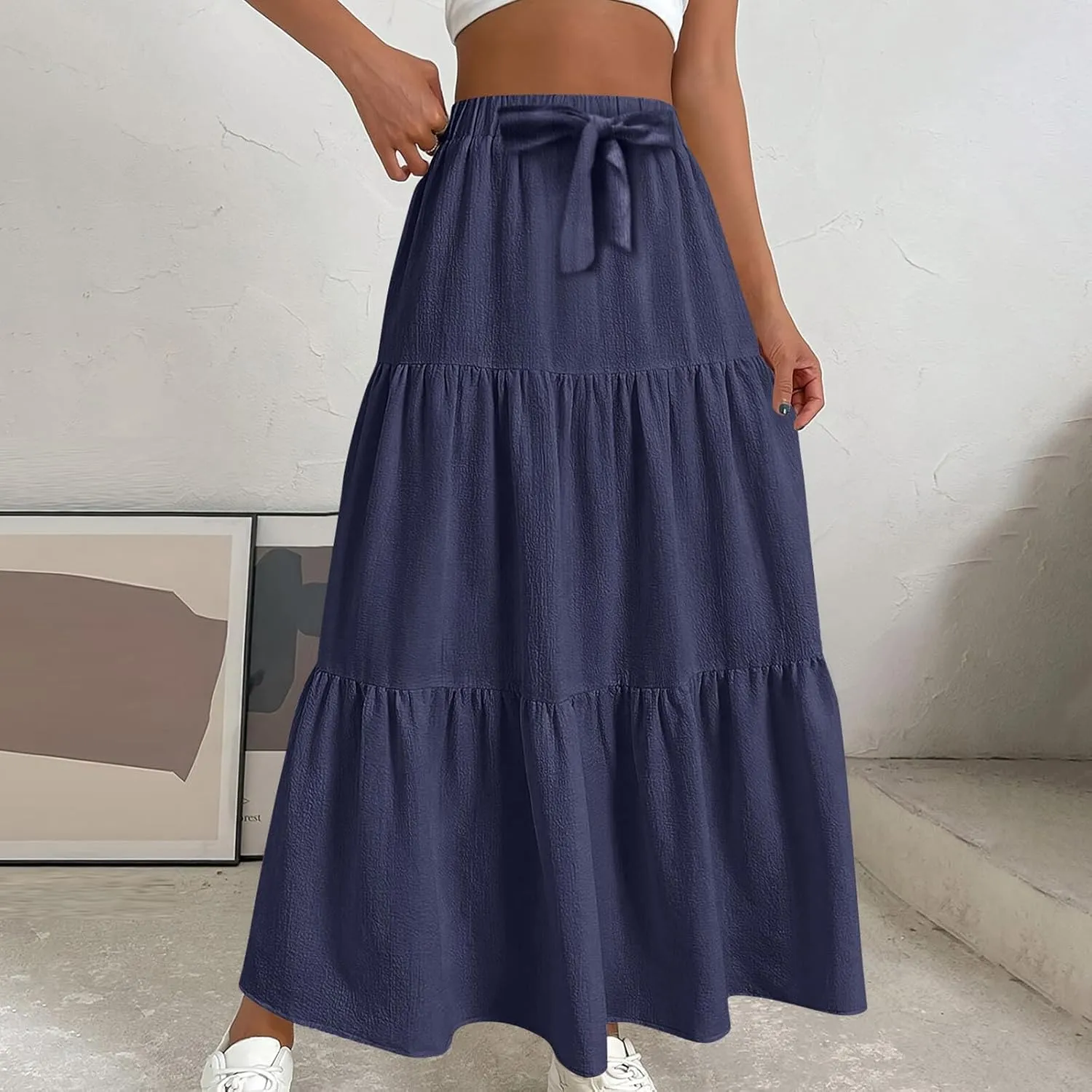 HGps8w Women's Boho Linen Flowy Maxi Skirt, Trendy Casual 2025 Summer Tiered A Line Elastic Waist Pleated Long Beach Skirts
