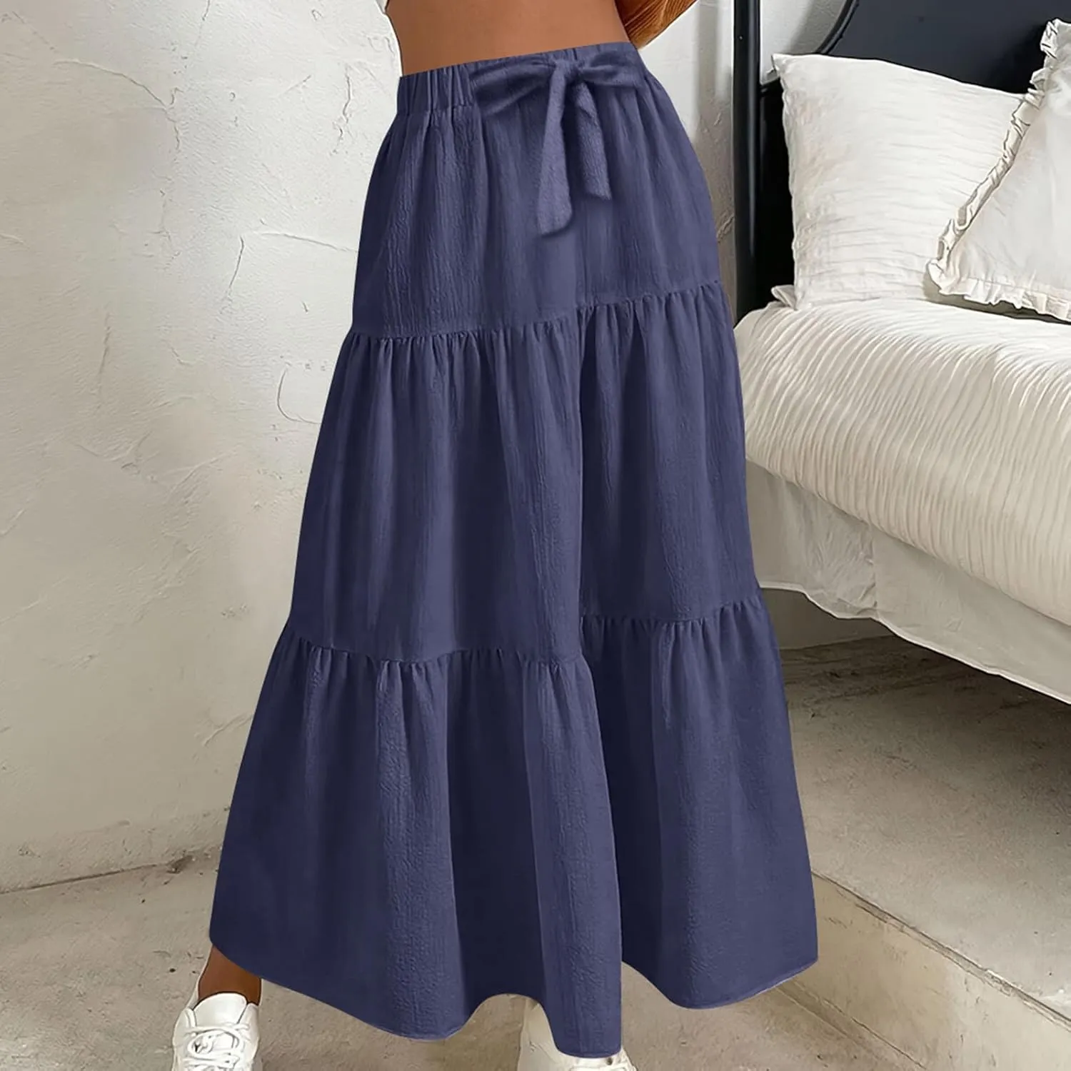 HGps8w Women's Boho Linen Flowy Maxi Skirt, Trendy Casual 2025 Summer Tiered A Line Elastic Waist Pleated Long Beach Skirts