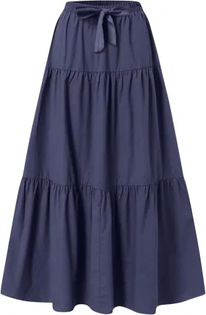 HGps8w Women's Boho Linen Flowy Maxi Skirt, Trendy Casual 2025 Summer Tiered A Line Elastic Waist Pleated Long Beach Skirts