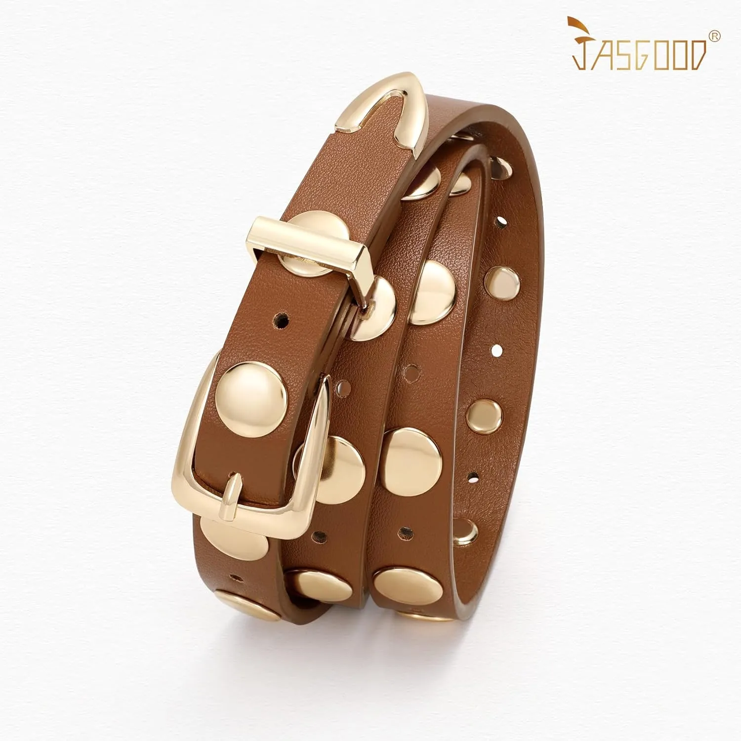 JASGOOD Women Studded Belt Skinny Leather Belt Ladies Thin Waist Belt Fashion Leather Belt for Jeans Pants Dress