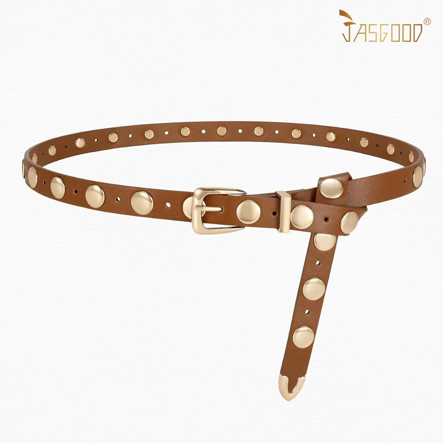 JASGOOD Women Studded Belt Skinny Leather Belt Ladies Thin Waist Belt Fashion Leather Belt for Jeans Pants Dress