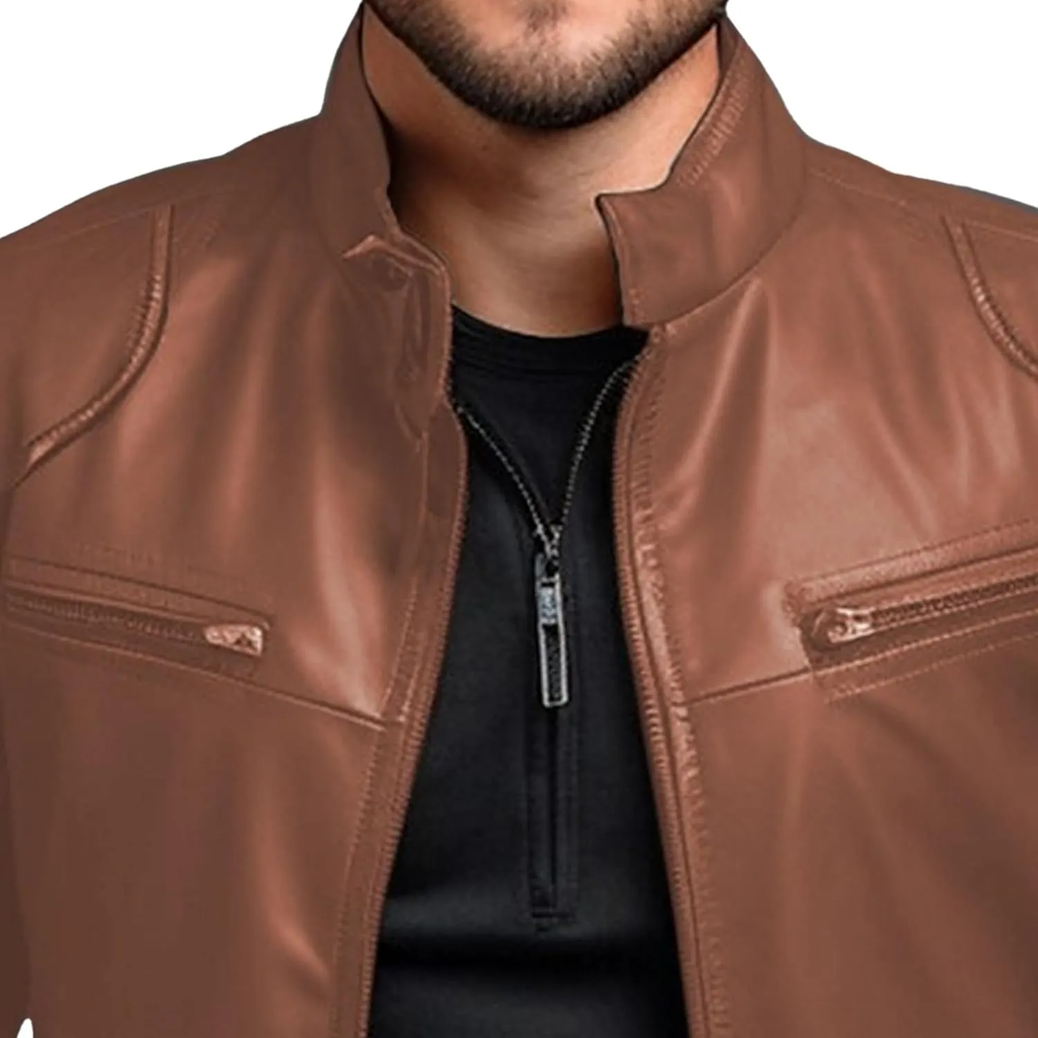JEKE-DG Men's Classic Slim Fit Motorcycle Coat Faux Leather Casual Bomber Coat Jacket Full Zip-Up Solid Spring Fall Coats