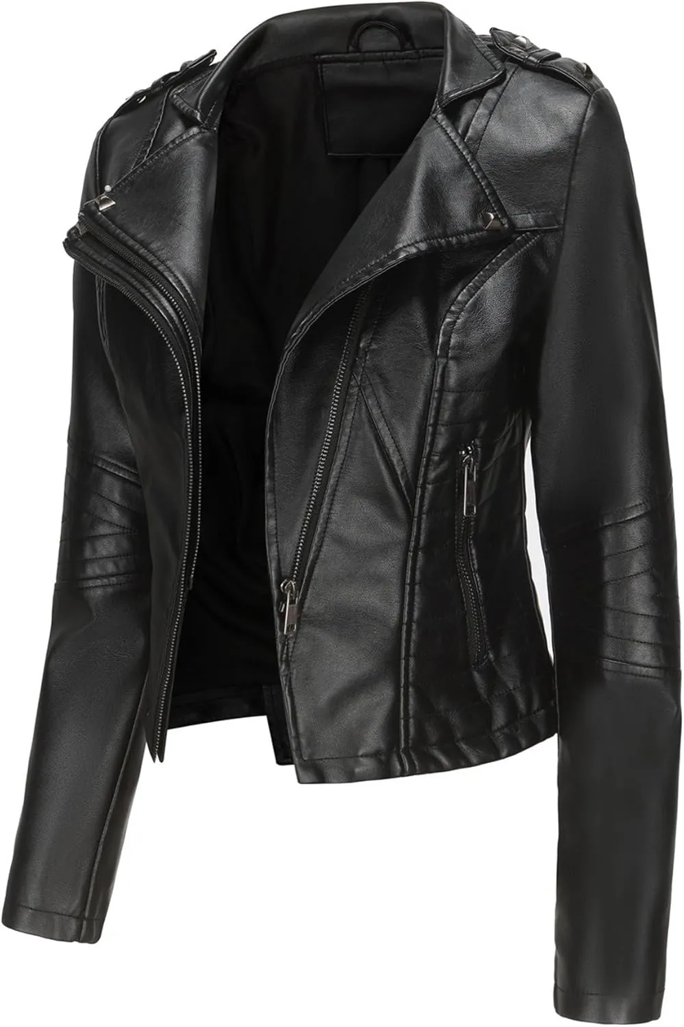 JEKE-DG Women's Fashion Zip Up Biker Coat Long Sleeve Cropped Vintage Coat Jacket Faux Leather Slim Fit Coats