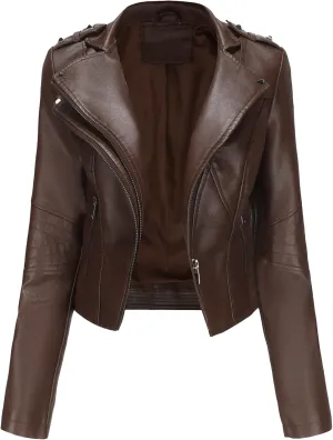 JEKE-DG Women's Fashion Zip Up Biker Coat Long Sleeve Cropped Vintage Coat Jacket Faux Leather Slim Fit Coats