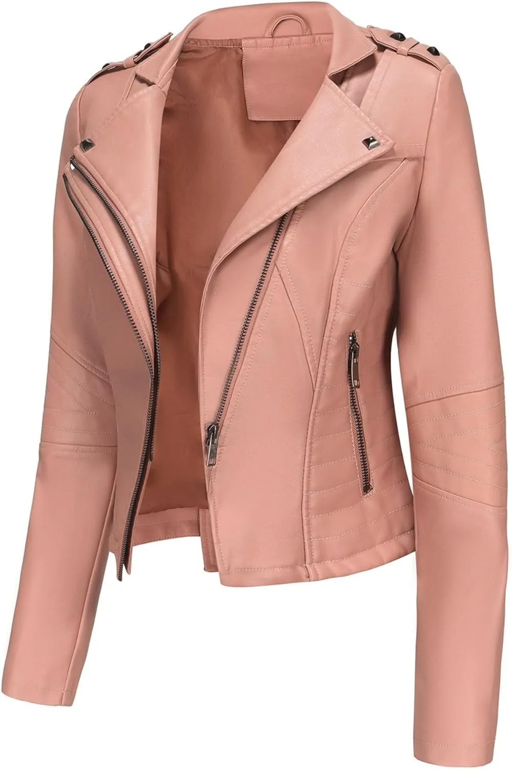 JEKE-DG Women's Fashion Zip Up Biker Coat Long Sleeve Cropped Vintage Coat Jacket Faux Leather Slim Fit Coats
