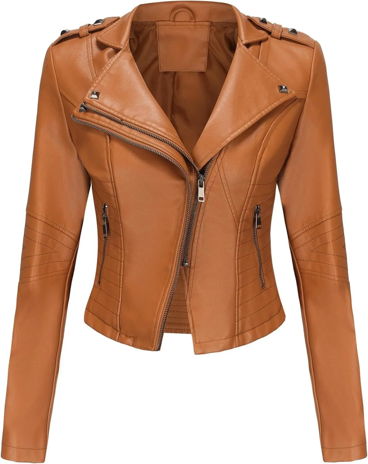 JEKE-DG Women's Fashion Zip Up Biker Coat Long Sleeve Cropped Vintage Coat Jacket Faux Leather Slim Fit Coats