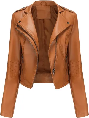 JEKE-DG Women's Fashion Zip Up Biker Coat Long Sleeve Cropped Vintage Coat Jacket Faux Leather Slim Fit Coats