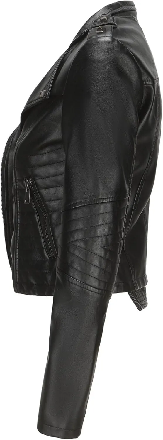 JEKE-DG Women's Fashion Zip Up Biker Coat Long Sleeve Cropped Vintage Coat Jacket Faux Leather Slim Fit Coats