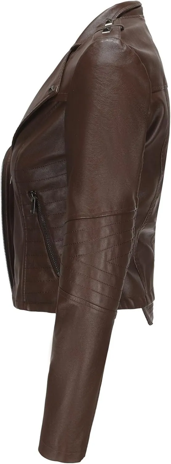 JEKE-DG Women's Fashion Zip Up Biker Coat Long Sleeve Cropped Vintage Coat Jacket Faux Leather Slim Fit Coats
