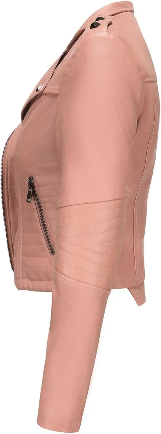 JEKE-DG Women's Fashion Zip Up Biker Coat Long Sleeve Cropped Vintage Coat Jacket Faux Leather Slim Fit Coats