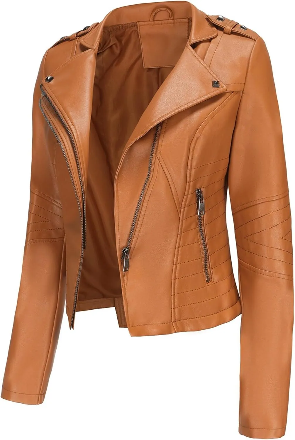 JEKE-DG Women's Fashion Zip Up Biker Coat Long Sleeve Cropped Vintage Coat Jacket Faux Leather Slim Fit Coats