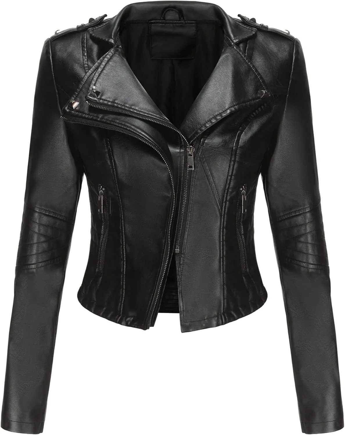 JEKE-DG Women's Fashion Zip Up Biker Coat Long Sleeve Cropped Vintage Coat Jacket Faux Leather Slim Fit Coats