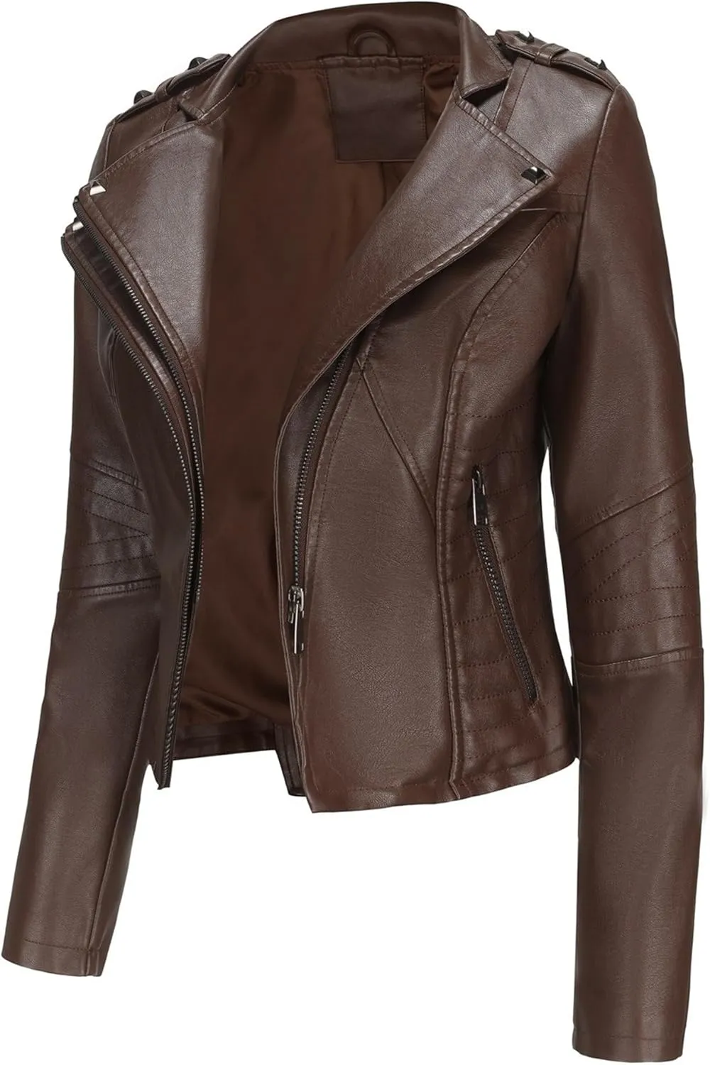 JEKE-DG Women's Fashion Zip Up Biker Coat Long Sleeve Cropped Vintage Coat Jacket Faux Leather Slim Fit Coats