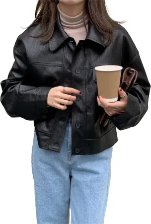 JEKE-DG Women's Lapel Casual Motorcycle Coat Button Down Faux Leather Coat Jacket Oversize Fashion Solid Outerwear