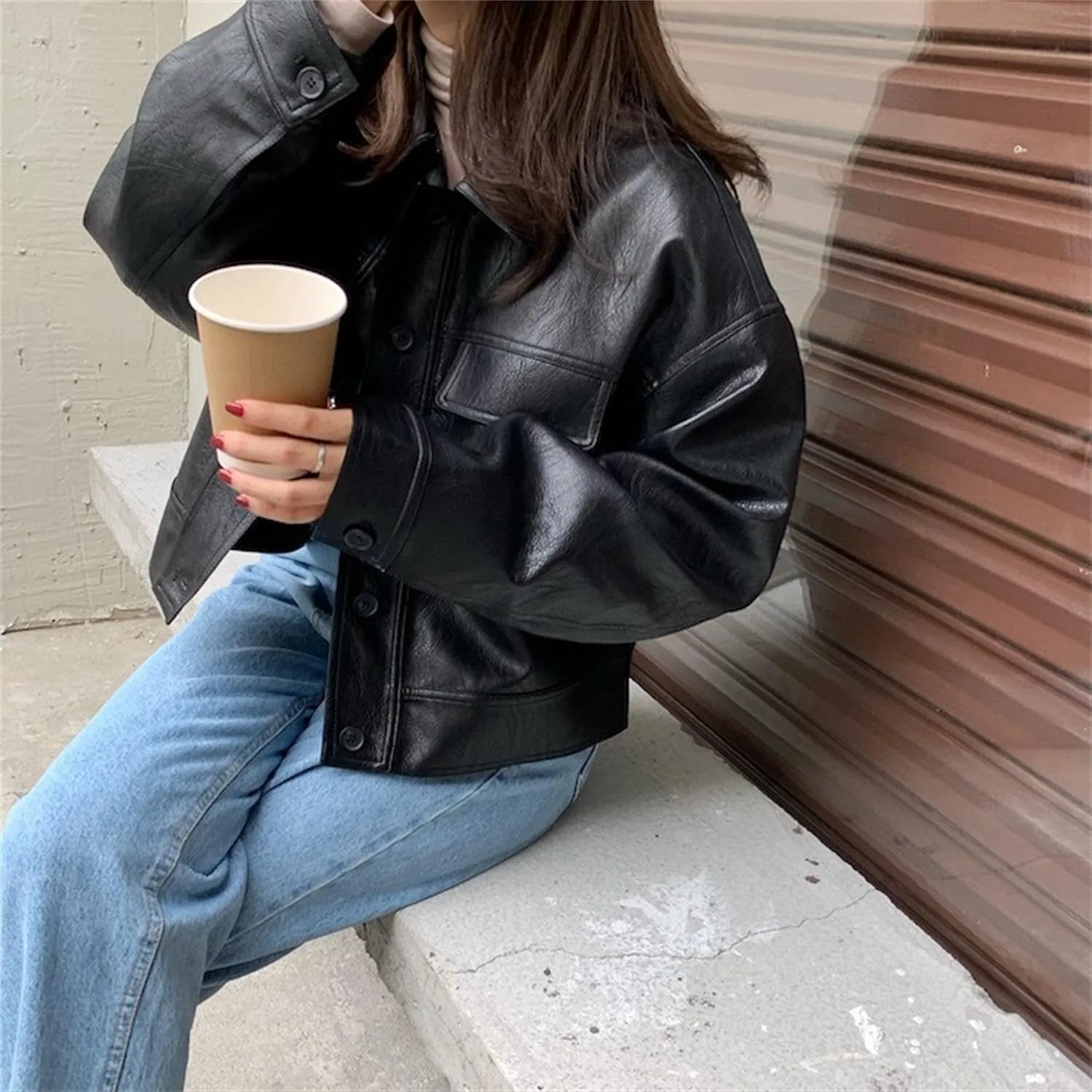 JEKE-DG Women's Lapel Casual Motorcycle Coat Button Down Faux Leather Coat Jacket Oversize Fashion Solid Outerwear