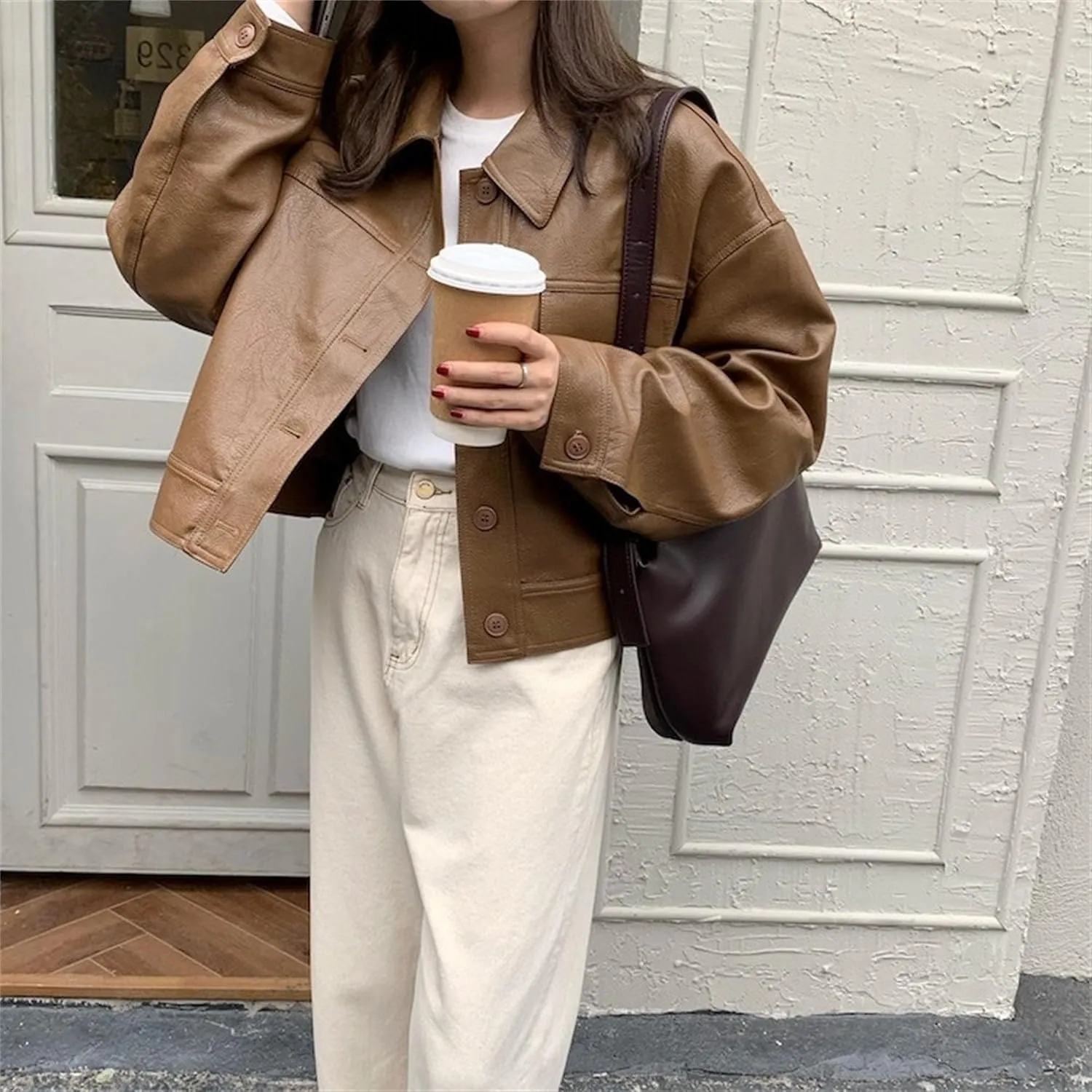 JEKE-DG Women's Lapel Casual Motorcycle Coat Button Down Faux Leather Coat Jacket Oversize Fashion Solid Outerwear