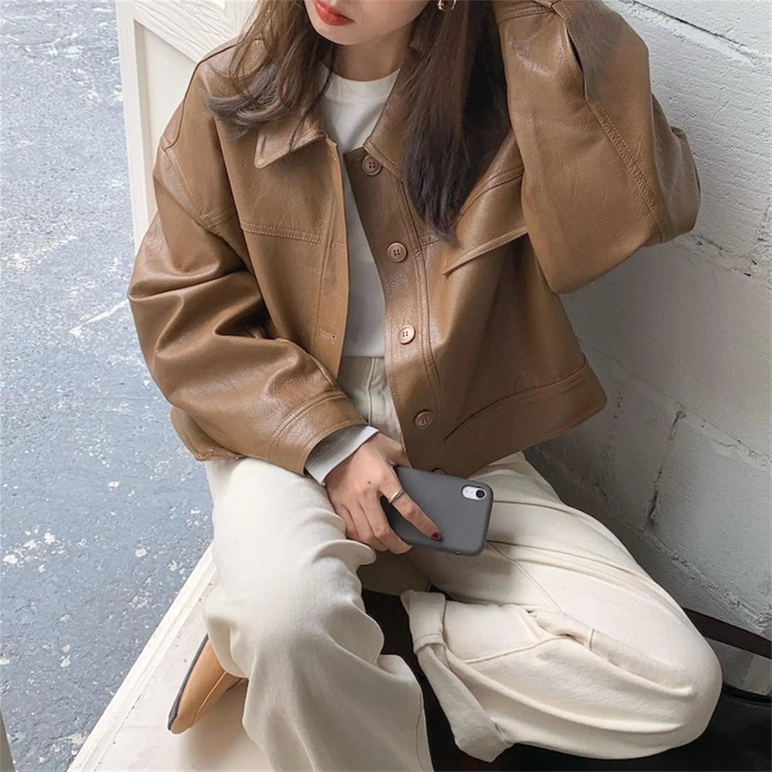JEKE-DG Women's Lapel Casual Motorcycle Coat Button Down Faux Leather Coat Jacket Oversize Fashion Solid Outerwear