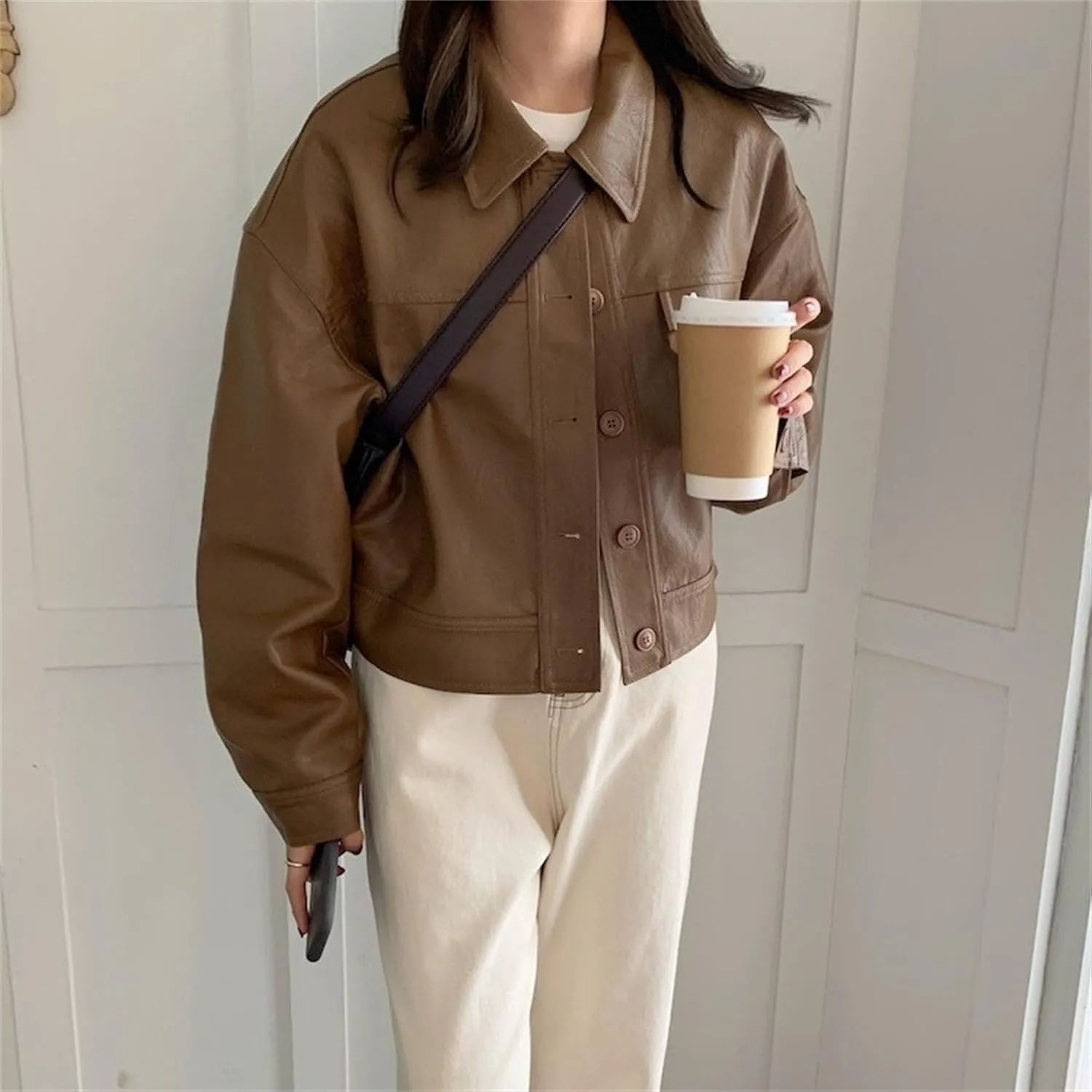 JEKE-DG Women's Lapel Casual Motorcycle Coat Button Down Faux Leather Coat Jacket Oversize Fashion Solid Outerwear