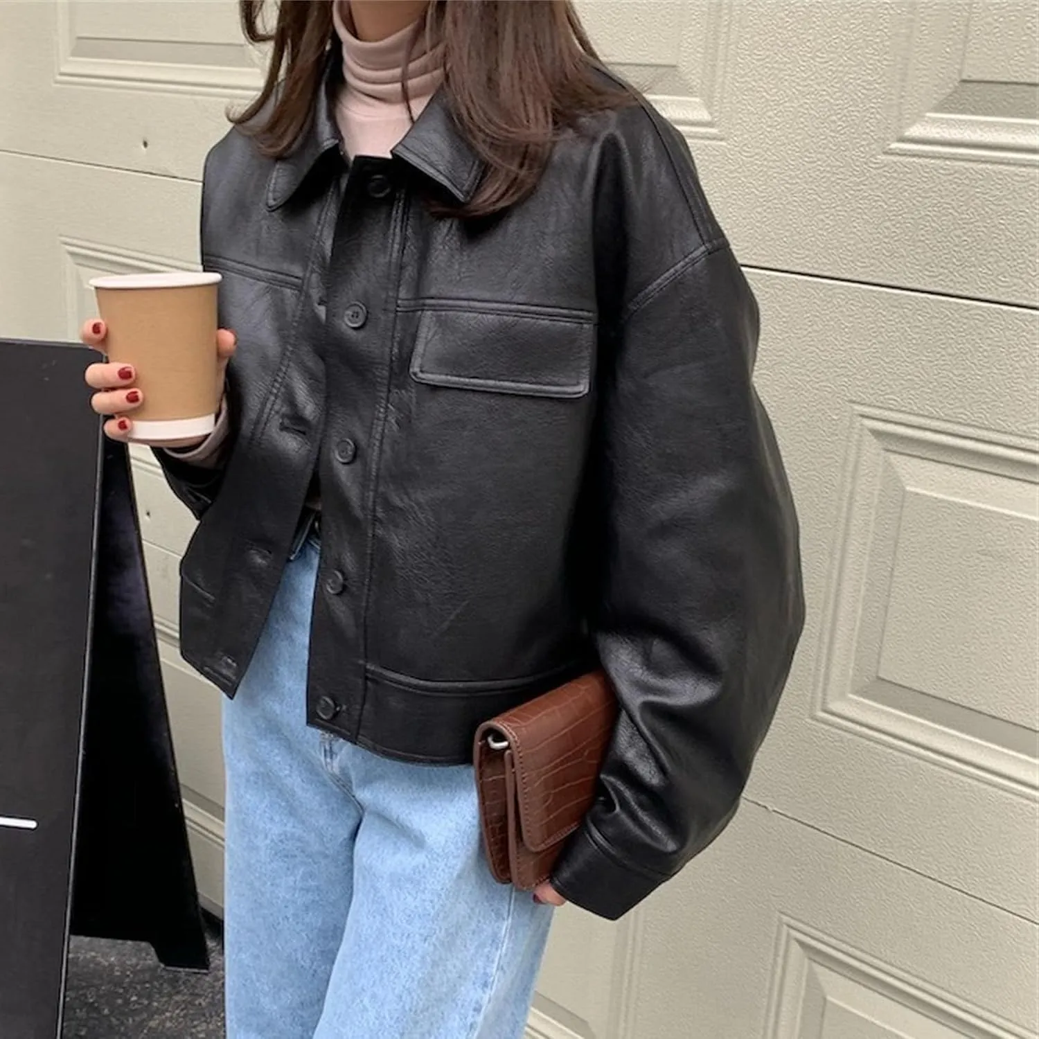 JEKE-DG Women's Lapel Casual Motorcycle Coat Button Down Faux Leather Coat Jacket Oversize Fashion Solid Outerwear