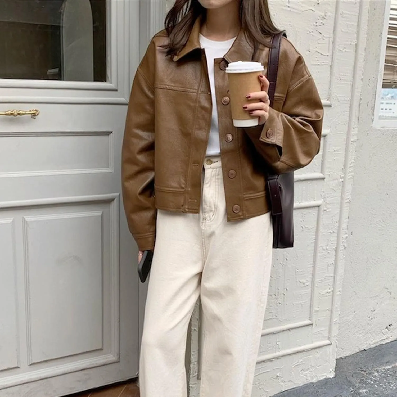 JEKE-DG Women's Lapel Casual Motorcycle Coat Button Down Faux Leather Coat Jacket Oversize Fashion Solid Outerwear