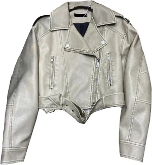 JEKE-DG Women's Vintage Lapel Cropped Coat Faux Leather Zip Up Casual Coat Jacket Fashion Solid Outerwear with Belt