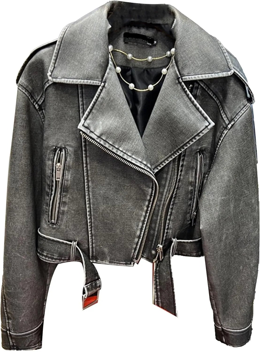 JEKE-DG Women's Vintage Lapel Cropped Coat Faux Leather Zip Up Casual Coat Jacket Fashion Solid Outerwear with Belt