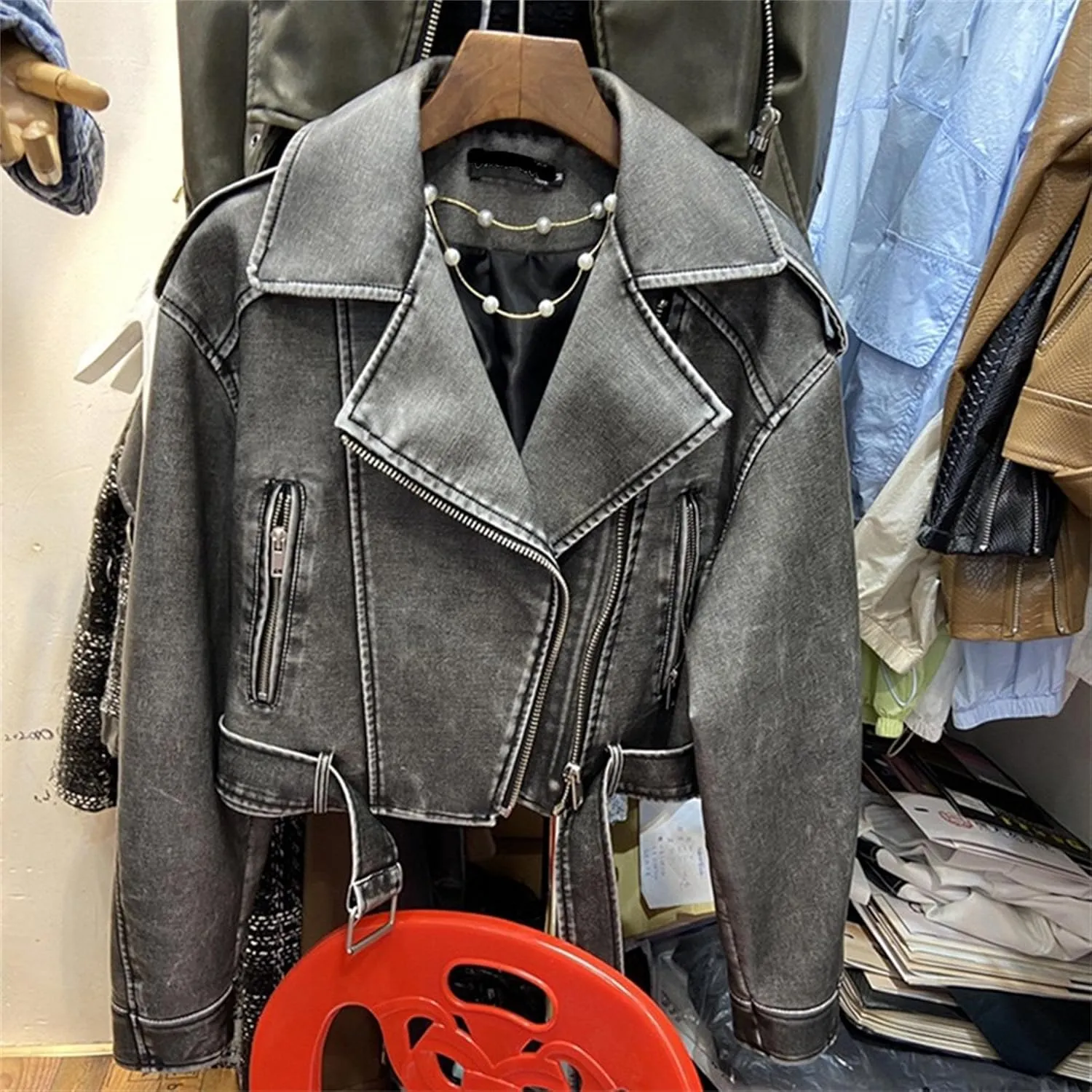 JEKE-DG Women's Vintage Lapel Cropped Coat Faux Leather Zip Up Casual Coat Jacket Fashion Solid Outerwear with Belt