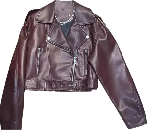 JEKE-DG Women's Vintage Lapel Cropped Coat Faux Leather Zip Up Casual Coat Jacket Fashion Solid Outerwear with Belt