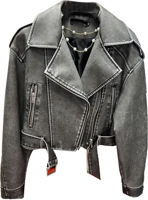 JEKE-DG Women's Vintage Lapel Cropped Coat Faux Leather Zip Up Casual Coat Jacket Fashion Solid Outerwear with Belt