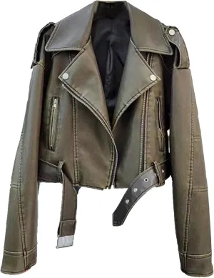 JEKE-DG Women's Vintage Lapel Cropped Coat Faux Leather Zip Up Casual Coat Jacket Fashion Solid Outerwear with Belt