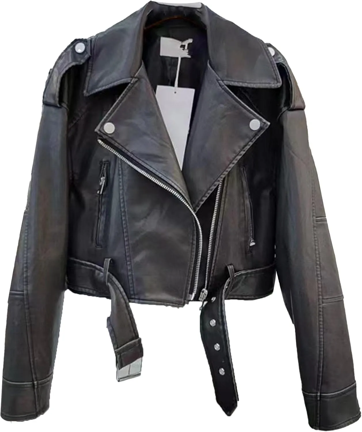 JEKE-DG Women's Vintage Lapel Cropped Coat Faux Leather Zip Up Casual Coat Jacket Fashion Solid Outerwear with Belt