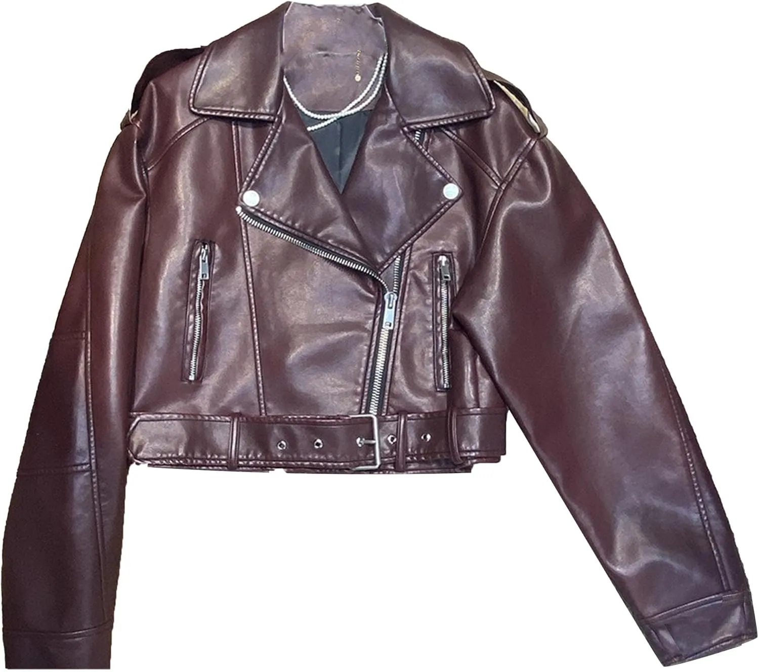 JEKE-DG Women's Vintage Lapel Cropped Coat Faux Leather Zip Up Casual Coat Jacket Fashion Solid Outerwear with Belt