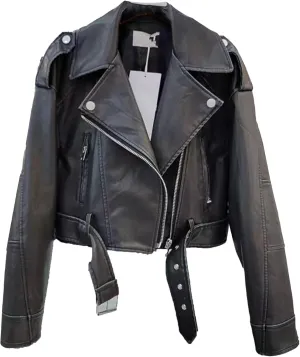 JEKE-DG Women's Vintage Lapel Cropped Coat Faux Leather Zip Up Casual Coat Jacket Fashion Solid Outerwear with Belt