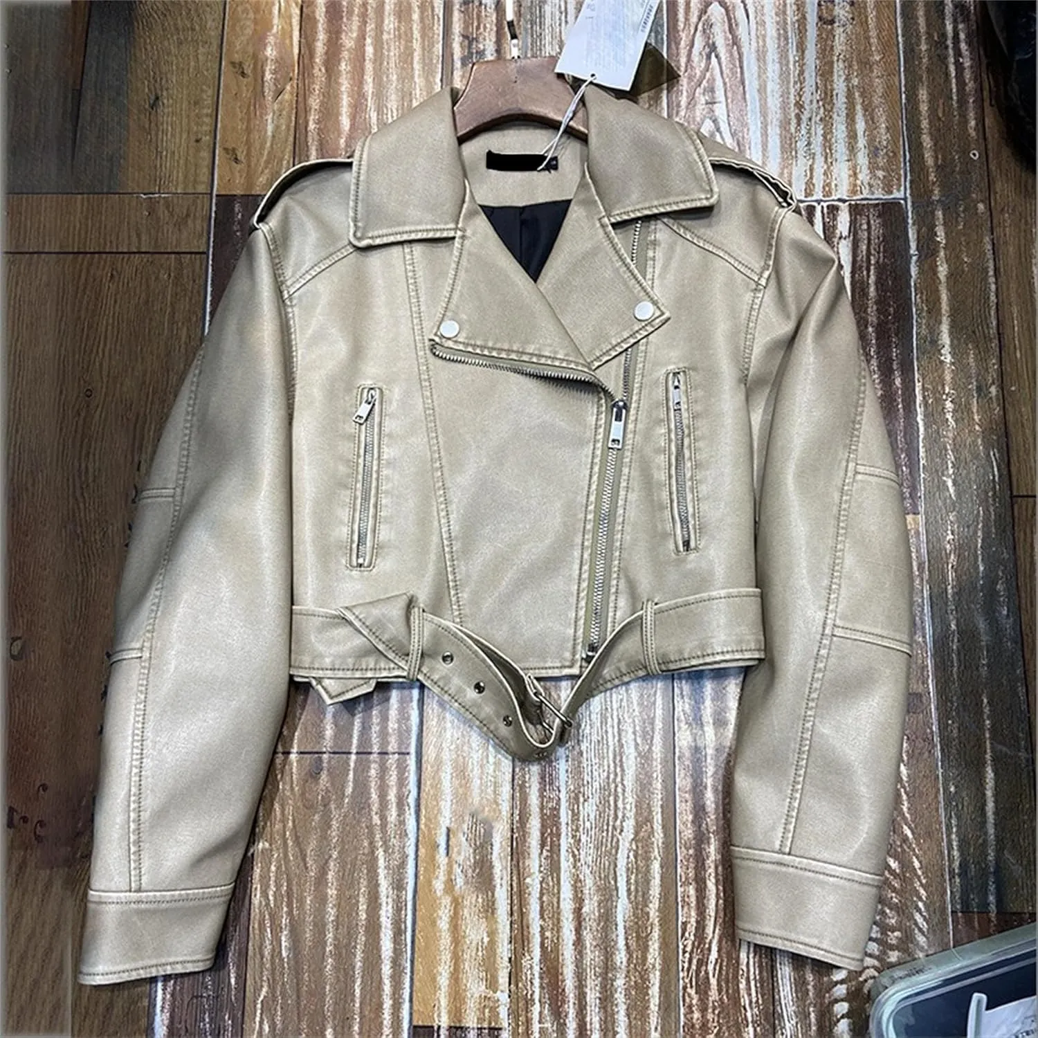JEKE-DG Women's Vintage Lapel Cropped Coat Faux Leather Zip Up Casual Coat Jacket Fashion Solid Outerwear with Belt