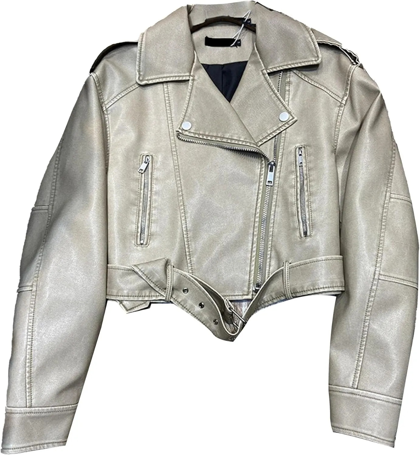 JEKE-DG Women's Vintage Lapel Cropped Coat Faux Leather Zip Up Casual Coat Jacket Fashion Solid Outerwear with Belt
