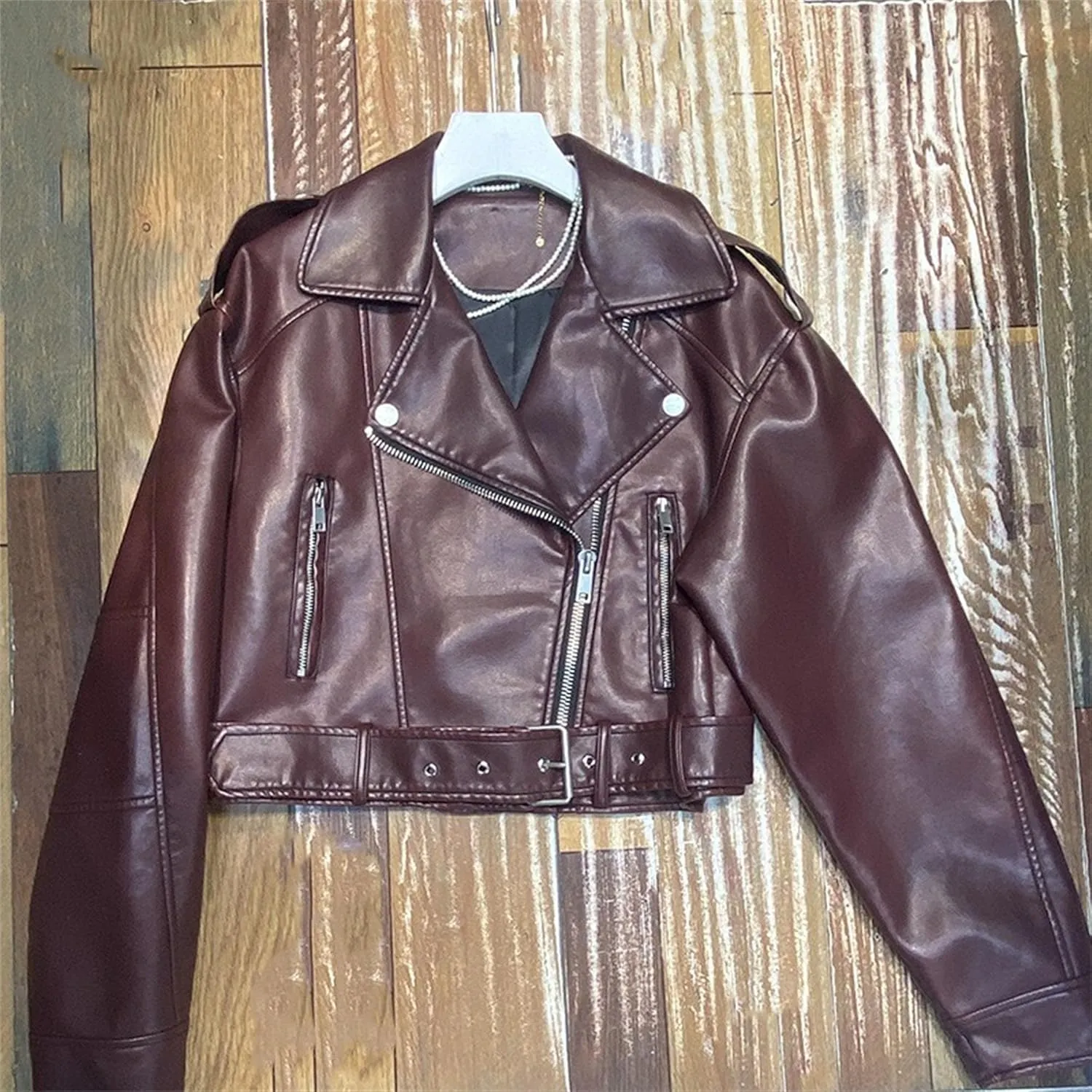 JEKE-DG Women's Vintage Lapel Cropped Coat Faux Leather Zip Up Casual Coat Jacket Fashion Solid Outerwear with Belt