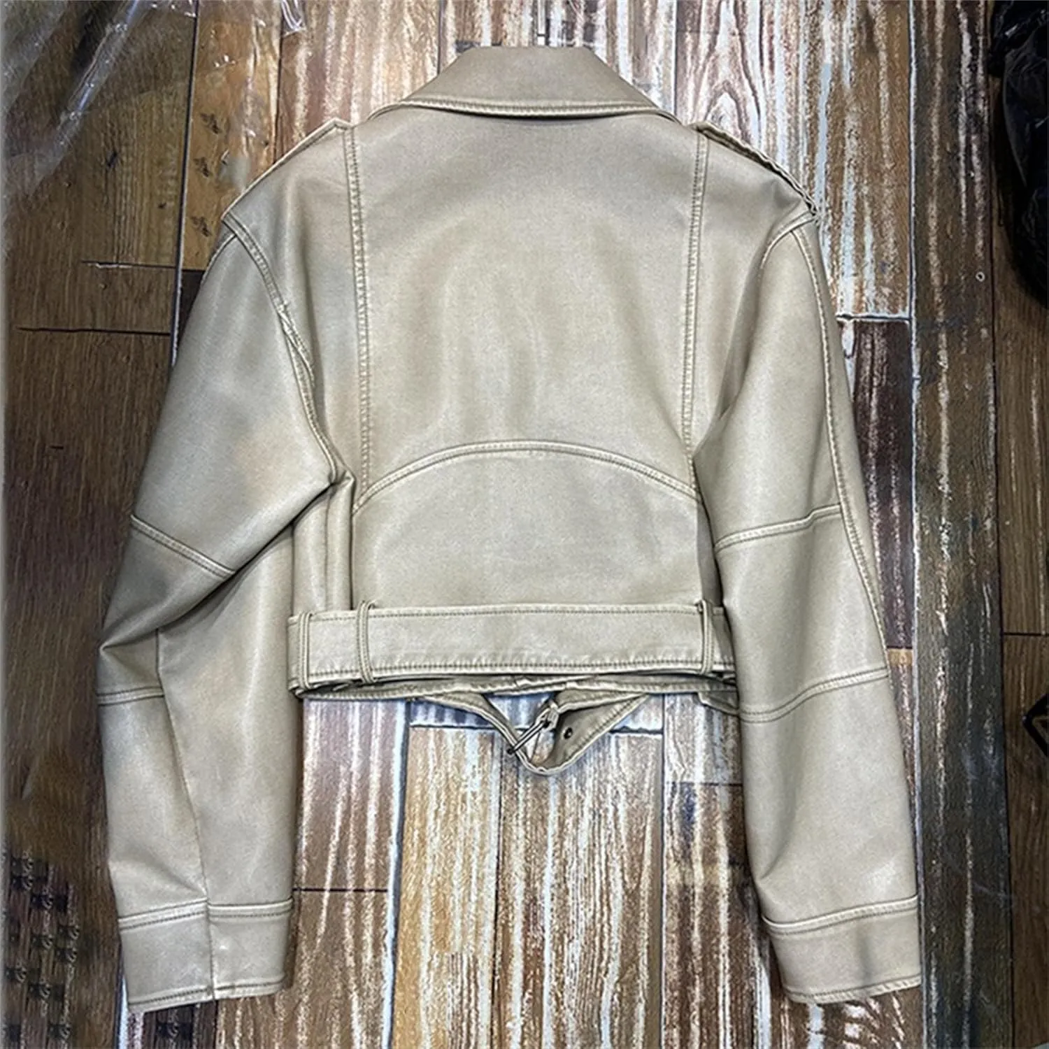 JEKE-DG Women's Vintage Lapel Cropped Coat Faux Leather Zip Up Casual Coat Jacket Fashion Solid Outerwear with Belt