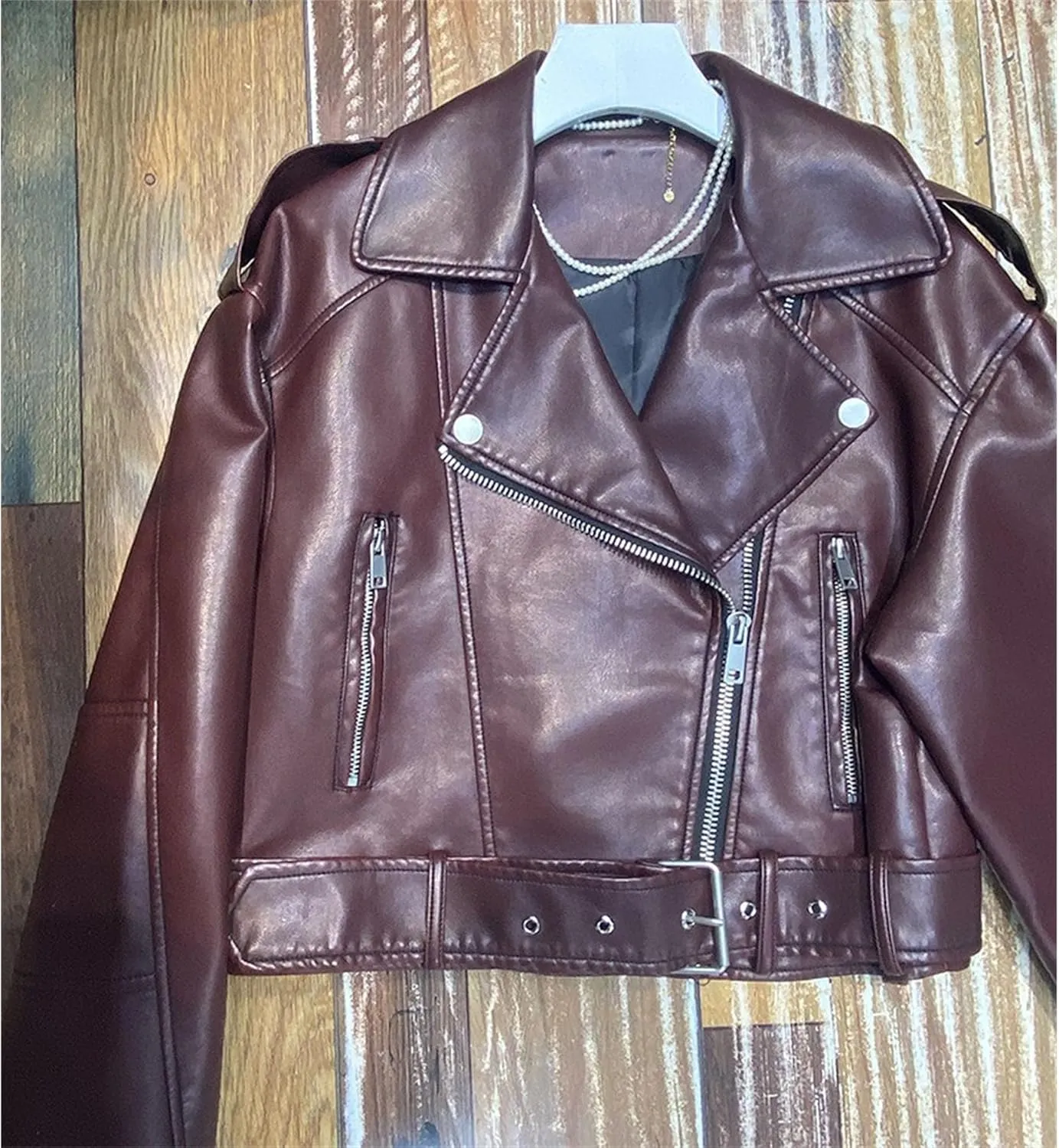 JEKE-DG Women's Vintage Lapel Cropped Coat Faux Leather Zip Up Casual Coat Jacket Fashion Solid Outerwear with Belt