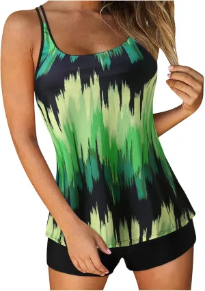 JiXiang Tankini Swimsuits for Women 2025 Two Piece Summer Bathing Suits Print Sling Swim Beach Swimwear Tank Top with Shorts