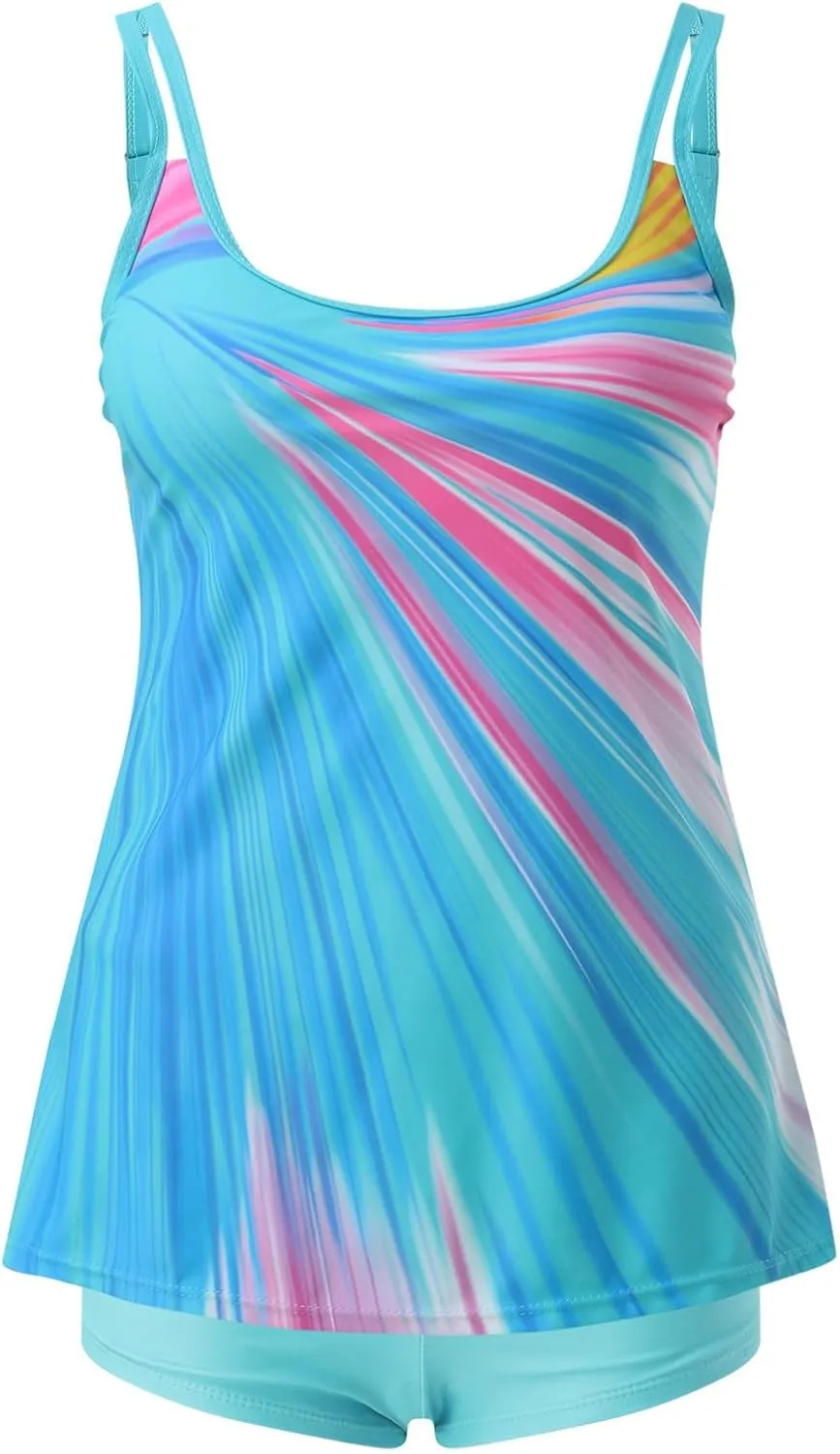 JiXiang Tankini Swimsuits for Women 2025 Two Piece Summer Bathing Suits Print Sling Swim Beach Swimwear Tank Top with Shorts