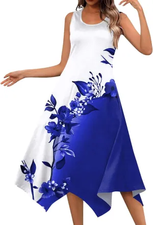 JJHAEVDY Summer Dresses for Women 2025 Round Neck Sleeveless Casual Dress Print Irregular Hem Midi Dresses Tank Daily Dresses