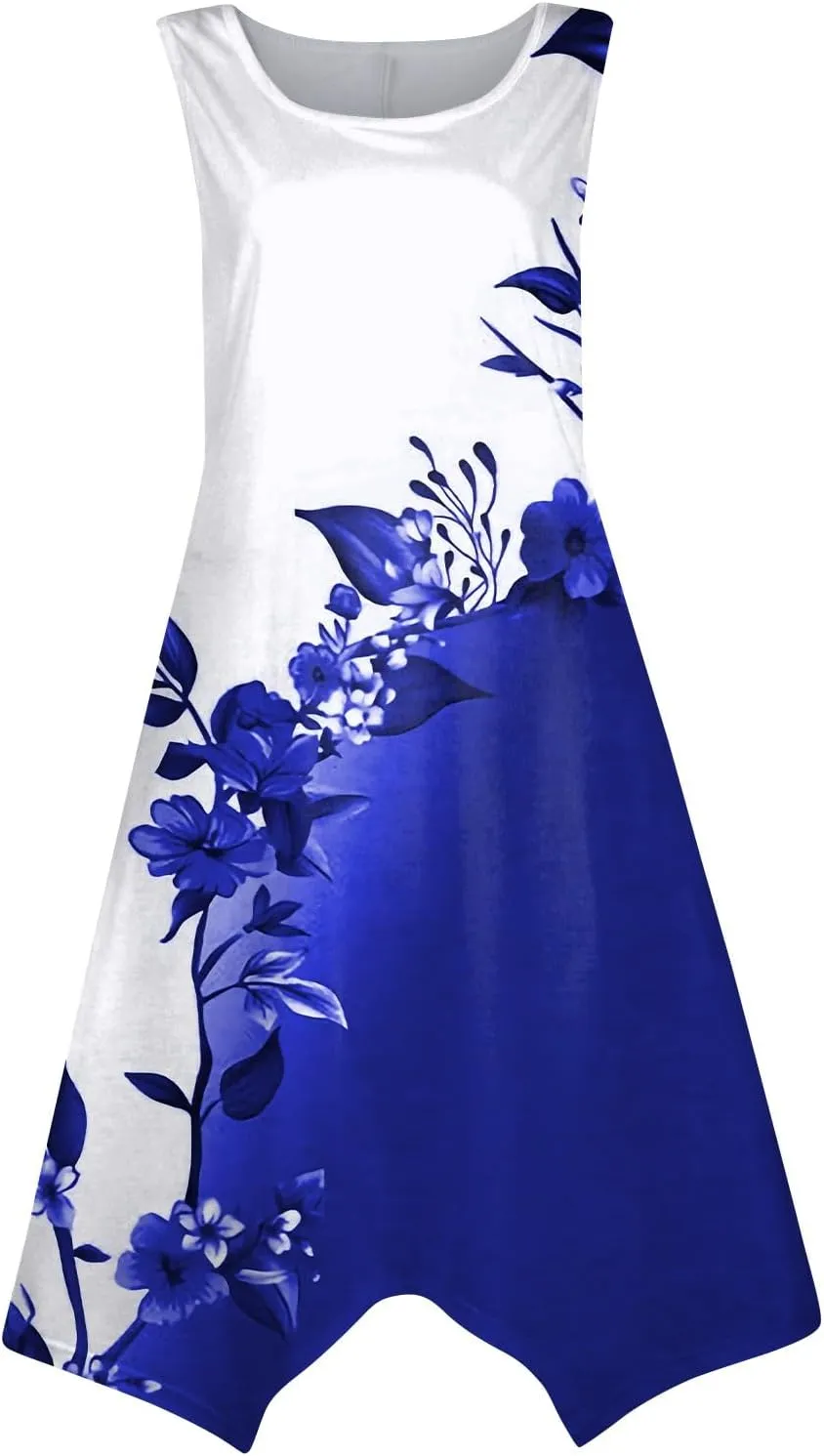 JJHAEVDY Summer Dresses for Women 2025 Round Neck Sleeveless Casual Dress Print Irregular Hem Midi Dresses Tank Daily Dresses