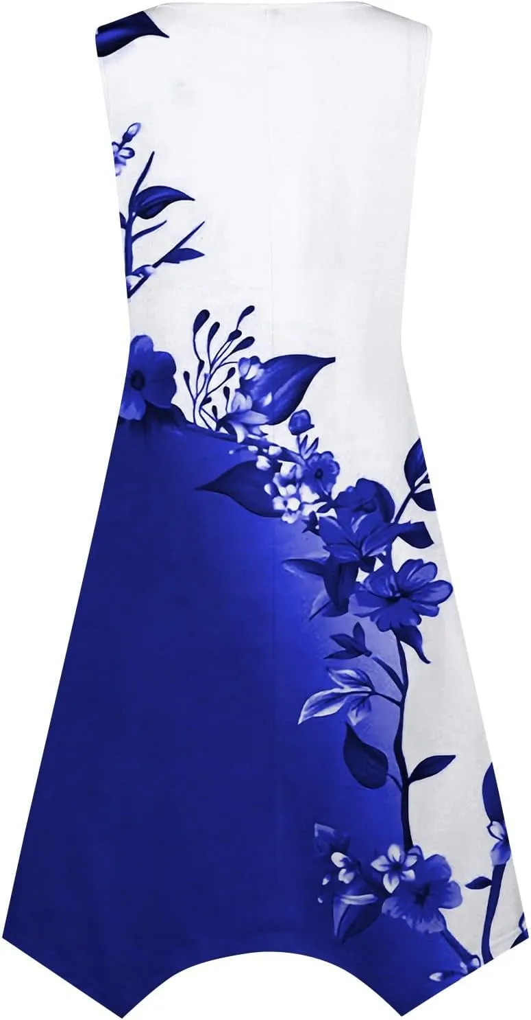 JJHAEVDY Summer Dresses for Women 2025 Round Neck Sleeveless Casual Dress Print Irregular Hem Midi Dresses Tank Daily Dresses
