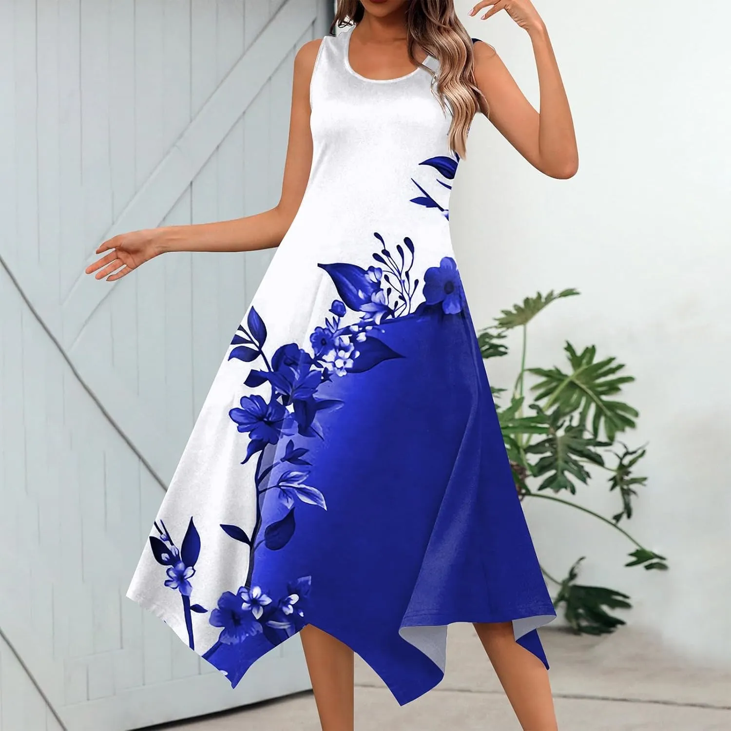 JJHAEVDY Summer Dresses for Women 2025 Round Neck Sleeveless Casual Dress Print Irregular Hem Midi Dresses Tank Daily Dresses