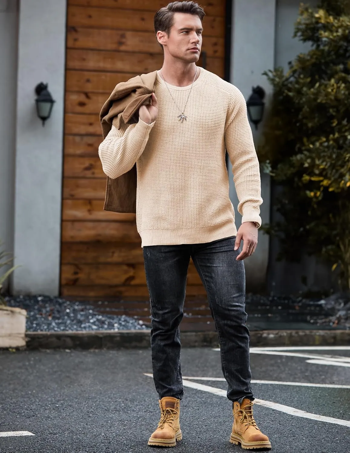 JMIERR Men's Crewneck Pullover Sweater Waffle Textured Knitted Sweaters Casual Loose Fit Sweaters with Ribbing Edge