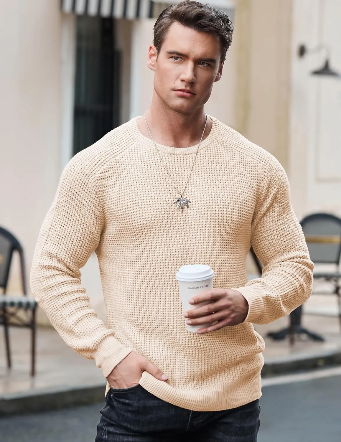 JMIERR Men's Crewneck Pullover Sweater Waffle Textured Knitted Sweaters Casual Loose Fit Sweaters with Ribbing Edge