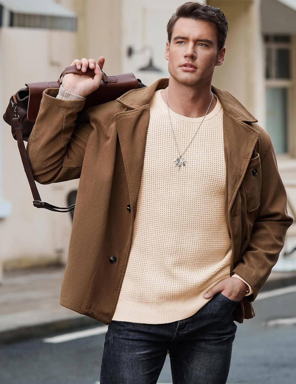 JMIERR Men's Crewneck Pullover Sweater Waffle Textured Knitted Sweaters Casual Loose Fit Sweaters with Ribbing Edge