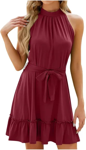 JOAU Women Halter Neck Summer Dresses Sleeveless Sundress Belt Pleated A-Line Ruffle Tie Keyhole Back Party Beach Mini Dress