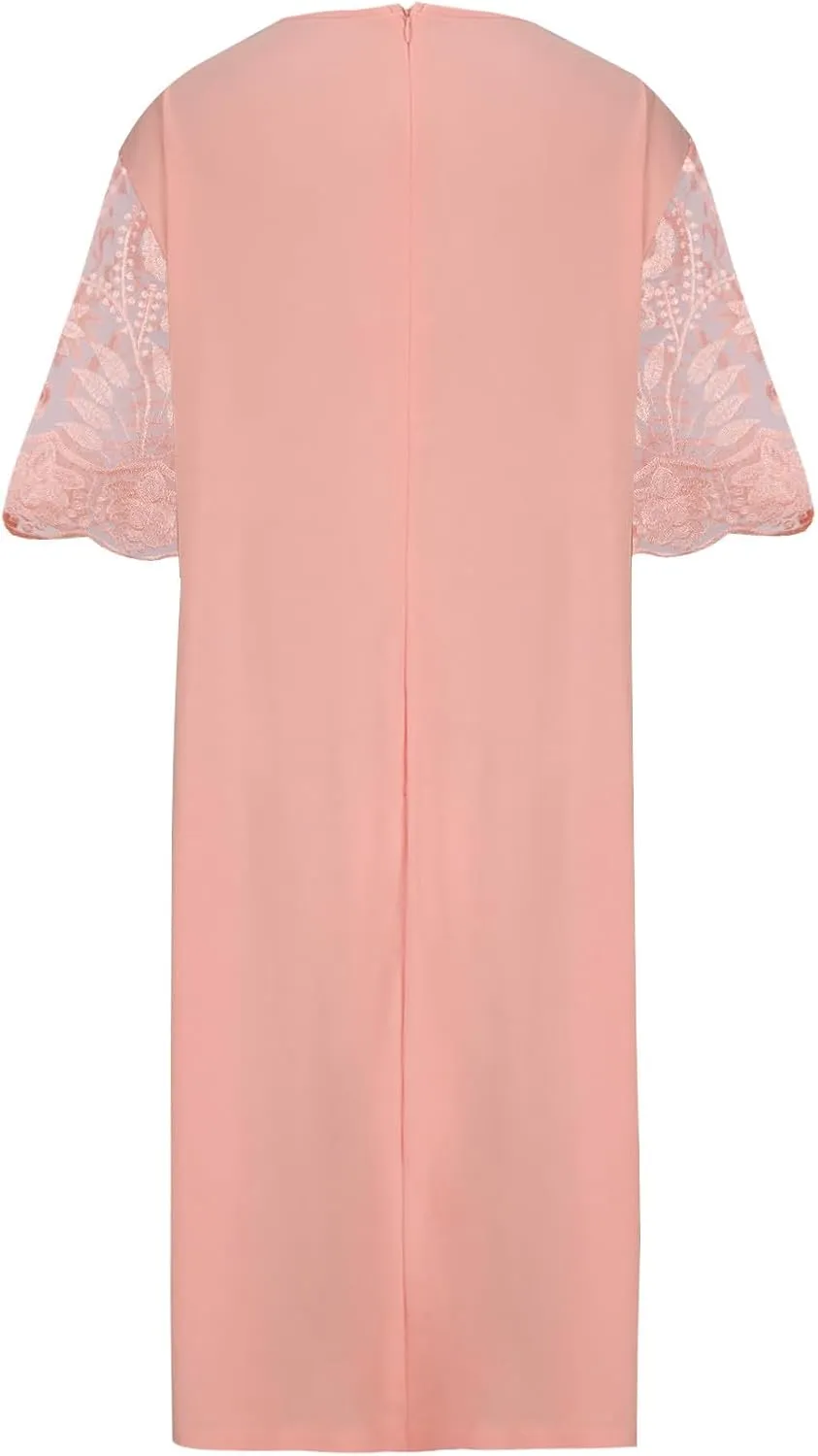 JOAU Women Plus Size Lace Embroidery Patchwork Half Sleeve Midi Dress Cocktail Evening Party Elegant Crew Neck Zip Dresses
